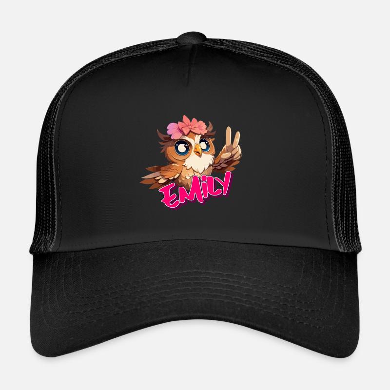 EMILY - Schöner Mädchen Name mit süßer EULE - Trucker Cap - Schwarz/Schwarz