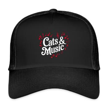 Ich liebe Katzen und Musik Herz aus Musiknoten - Trucker Cap - Schwarz/Schwarz - Vorne