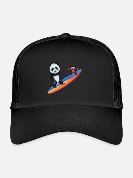 Surfing Panda and Monkey - Trucker Cap - black/black - Front