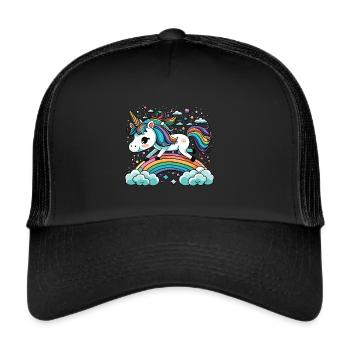 Einhorn über dem Regenbogen - Magische Freiheit - Trucker Cap - Schwarz/Schwarz - Vorne