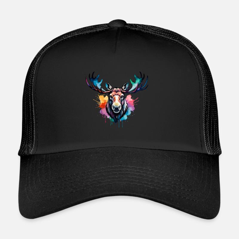 Elch cool im Wald, buntes Design, Aquarell - Trucker Cap - Schwarz/Schwarz