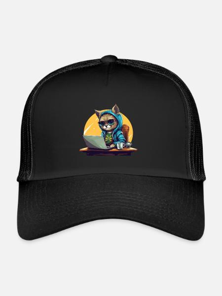 PDG de Cool Cat - Humeur de start-up avec ordinateur portable - Casquette trucker  - noir/noir - Devant