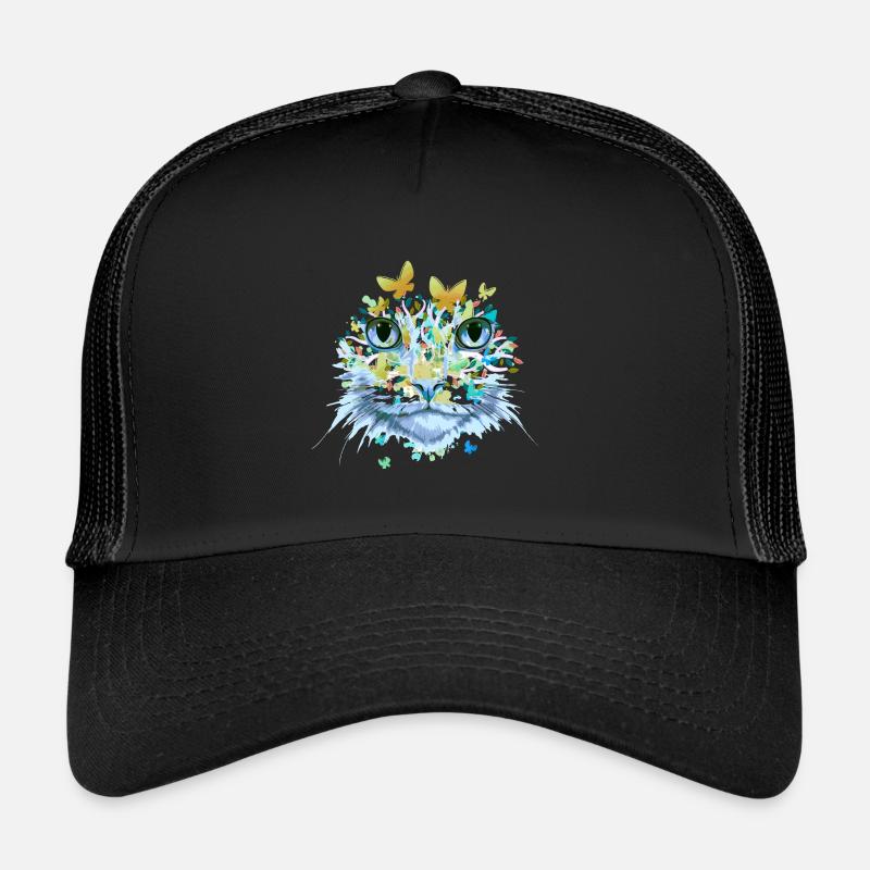 Katze Katzengesicht Katzen Kätzchen Blumen Insekt - Trucker Cap - Schwarz/Schwarz