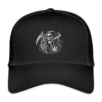 Schwarzer Humor rauchender Sensenmann zu Halloween - Trucker Cap - Schwarz/Schwarz - Vorne