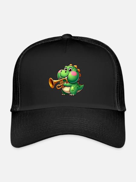 Trex épais avec trompette dessin animé dinosaure musique - Casquette trucker  - noir/noir - Devant