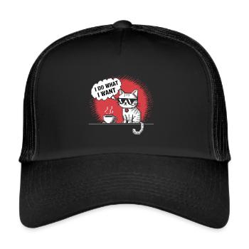 Pixel-Katze mit Kaffeetasse T-Shirt - Trucker Cap - Schwarz/Schwarz - Vorne