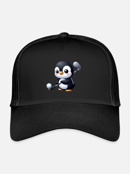 Cute Penguin Golfer Cartoon Whimsical - Trucker Cap - black/black - Front