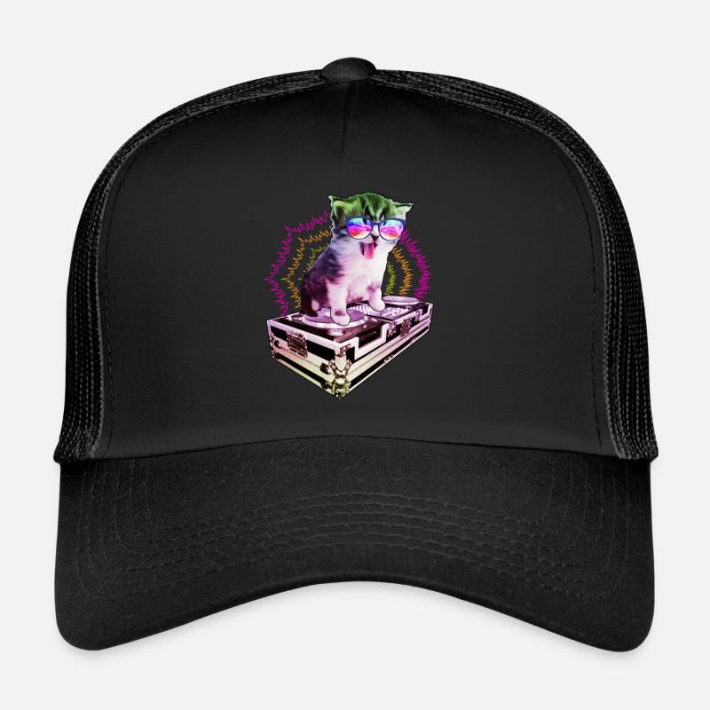 Katze Brille Turntable DJ Disco Club Nachtleben - Trucker Cap - Schwarz/Schwarz