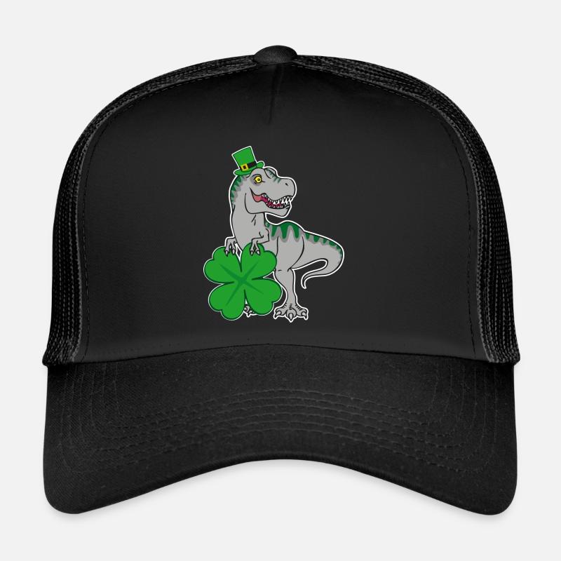 St. Patrick's Day T-Rex with cloverleaf and hat - Trucker Cap - black/black