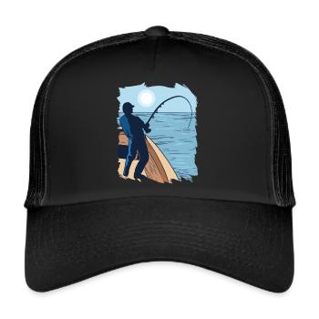 Fischer Fischen Fisch Mond Nacht Fischer Fischen F - Trucker Cap - Schwarz/Schwarz - Vorne