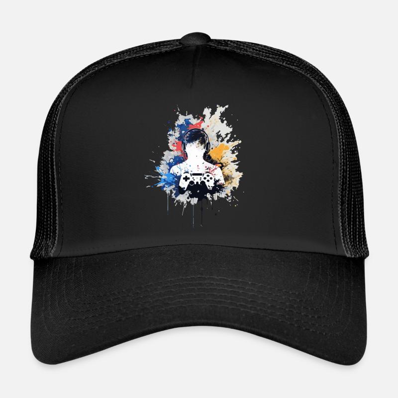 aquarelle de gamer avec manette de jeu - Casquette trucker  - noir/noir