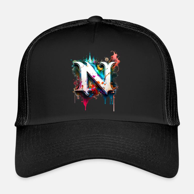 Graffiti Buchstabe N mit 👑 - Trucker Cap - Schwarz/Schwarz