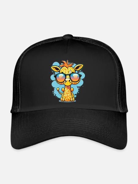 Kawaii mignonne girafe colorée heureuse avec des lunettes de soleil - Casquette trucker  - noir/noir - Devant