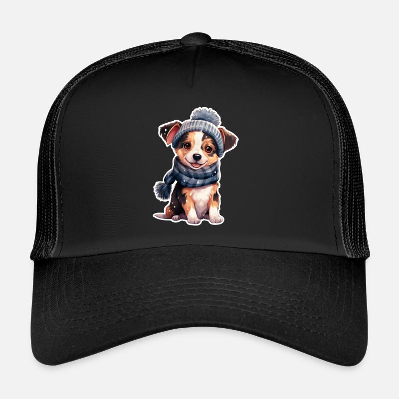 Tiere im Winter Hündchen mit Mütze - Trucker Cap - Schwarz/Schwarz