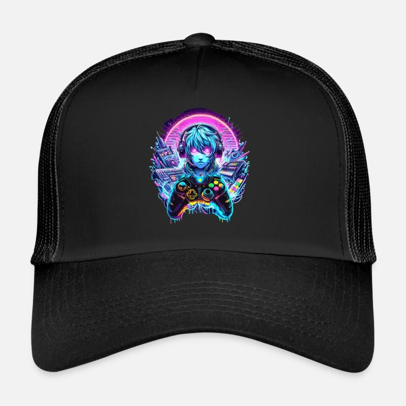 Gamer Headset Anime Synthwave Art Trucker Cap