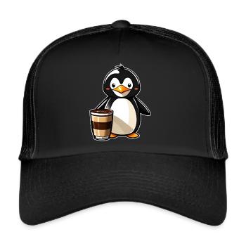 Niedlicher Pinguin mit Kaffee V - Trucker Cap - Schwarz/Schwarz - Vorne