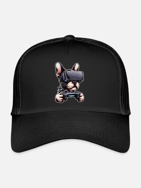 Dogs, French Bulldog video game vr glasses - Trucker Cap - black/black - Front