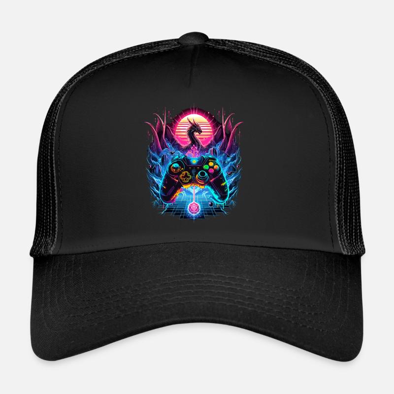 Synthwave Dragon Gaming Fantasie - Trucker Cap - Schwarz/Schwarz