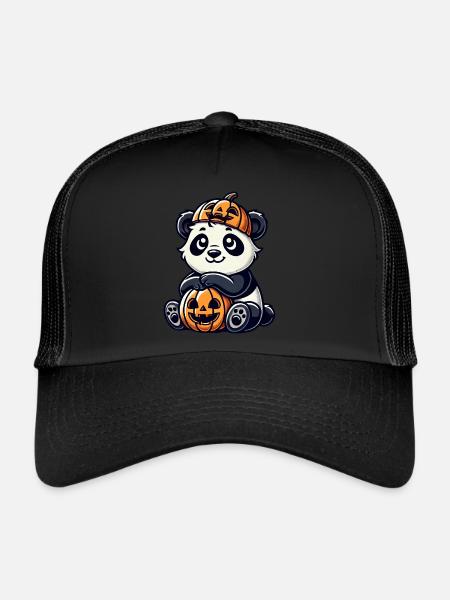 Mignon Halloween Pingouin Fantaisiste Dessin animé Citrouille - Casquette trucker  - noir/noir - Devant