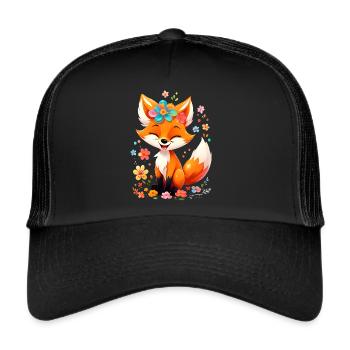 Fox Cute Cute Nature Woodland Animal Drawing Flowers - Trucker Cap - black/black - Front