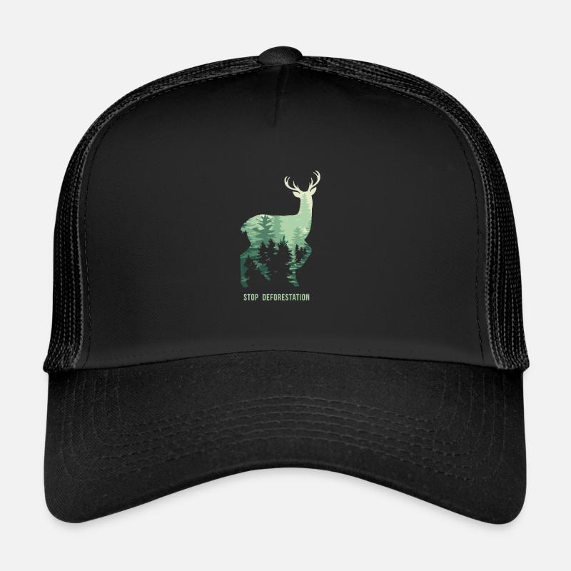 Stop die Abholzung - Silhouette Hirsch Wald / Tann - Trucker Cap - Schwarz/Schwarz