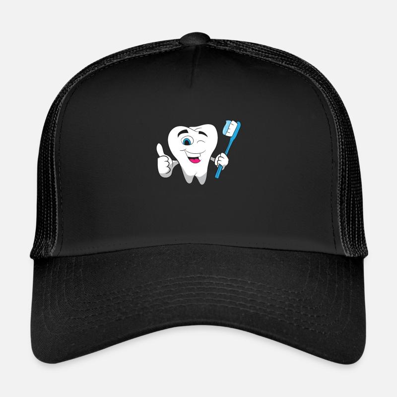 Zahnarzt - Strahlender Zahn mit blauer Zahnbürste - Trucker Cap - Schwarz/Schwarz