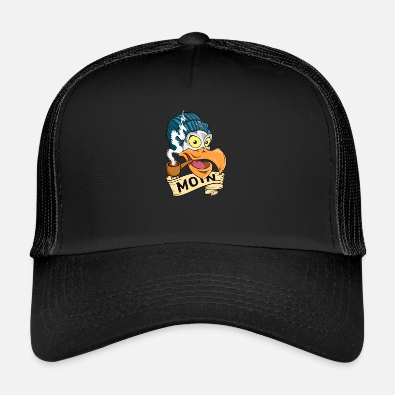 Möwe mit Pfeife und Beanie - Moin - Trucker Cap - Schwarz/Schwarz