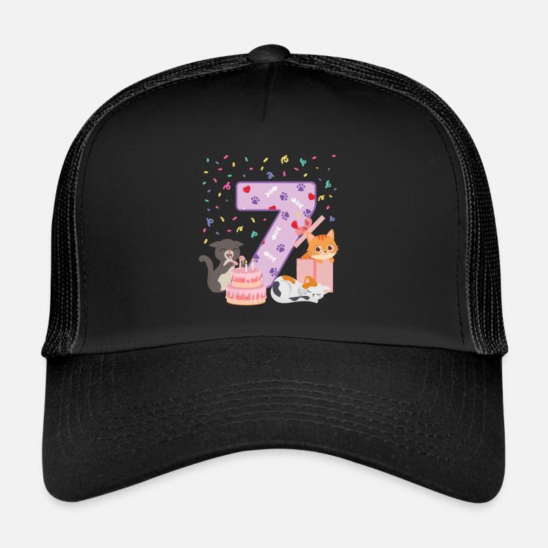 7. Geburtstag Mädchen Katzen Outfit 7 Jahr alt - Trucker Cap - Schwarz/Schwarz