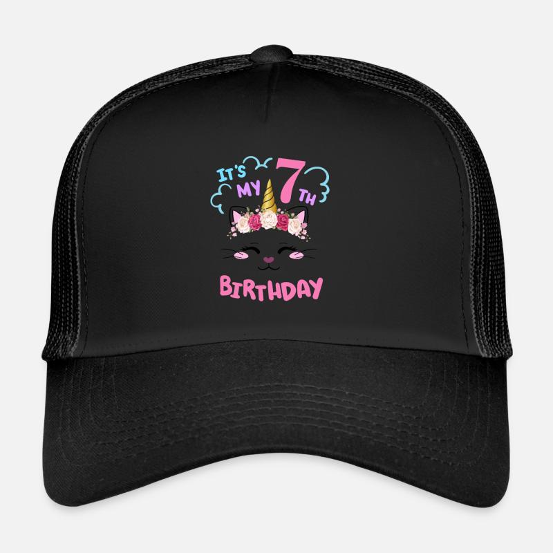 7. Geburtstag Mädchen Outfit Einhorn Katze - Trucker Cap - Schwarz/Schwarz