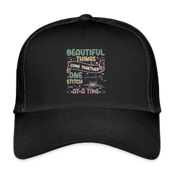 One stitch at a time, quilting, sewing. - Trucker Cap - black/black - Front