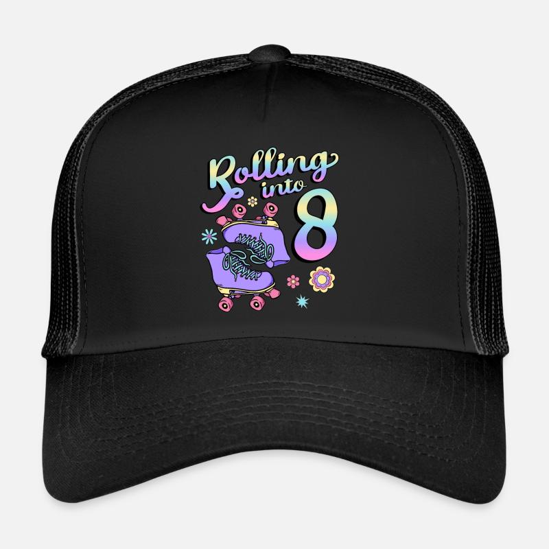 Rolling Into 8 Roller Skaters Floral 8th Year Trucker Cap