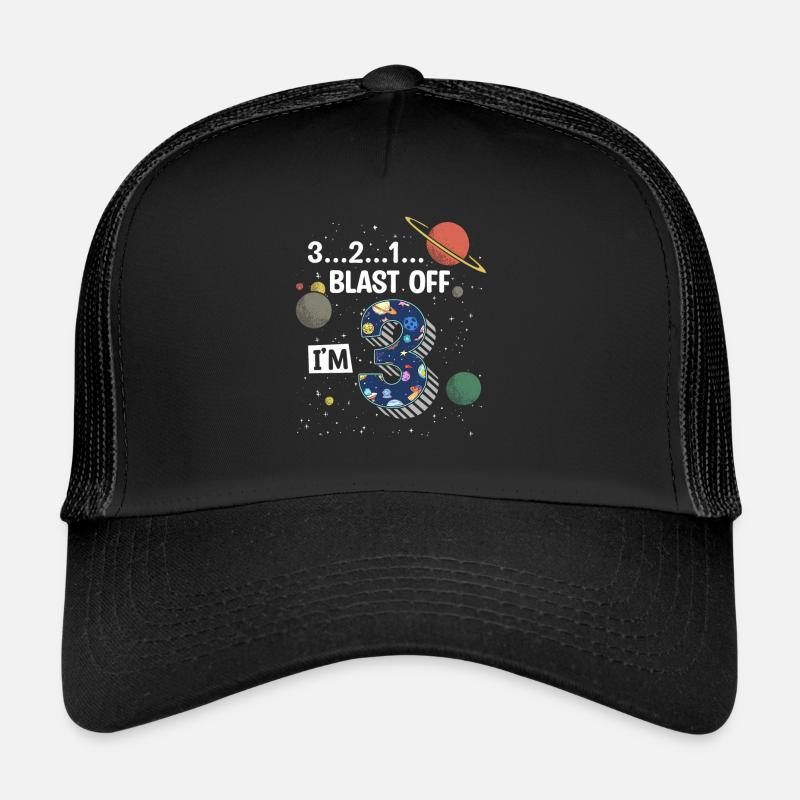 Blast Off I am 3 years old, 3rd birthday Trucker Cap