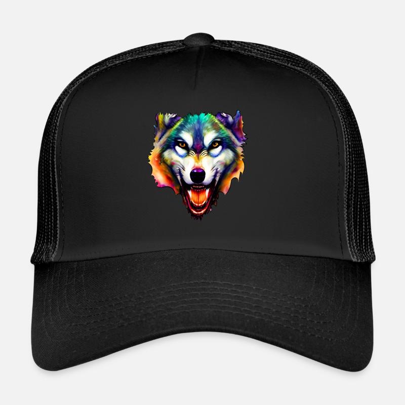 Wolfs Gesicht bunt Aquarell Wolfskopf - Trucker Cap - Schwarz/Schwarz