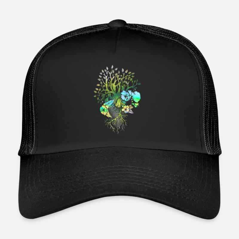 Anatomisches Herz und Blumen - Trucker Cap - Schwarz/Schwarz