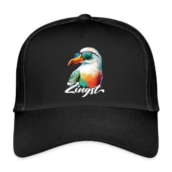 Zingst Urlaub coole bunte Möwe mit Sonnenbrille - Trucker Cap - Schwarz/Schwarz - Vorne