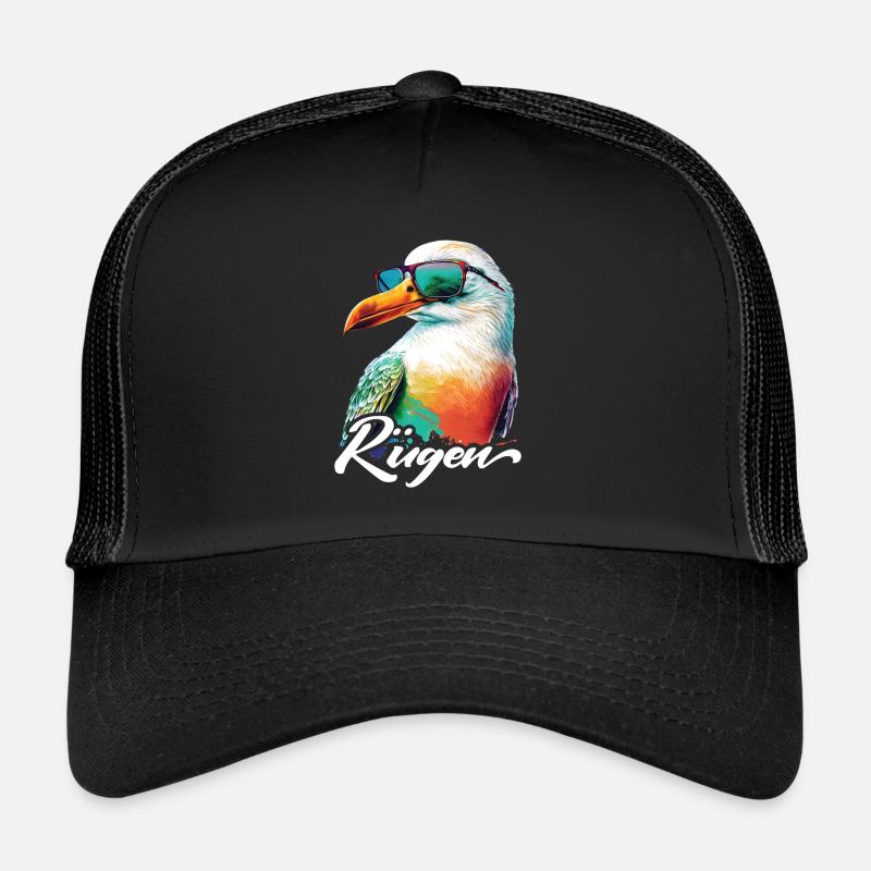 Rügen Urlaub coole bunte Möwe mit Sonnenbrille - Trucker Cap - Schwarz/Schwarz