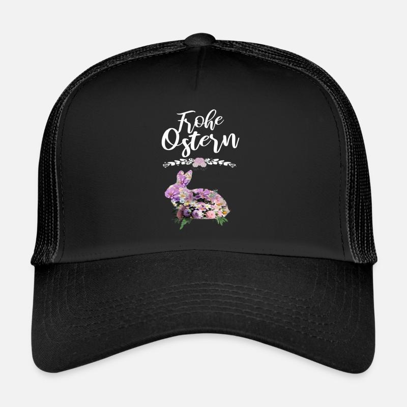 Frohe Ostern Blumen Osterhase - Trucker Cap - Schwarz/Schwarz