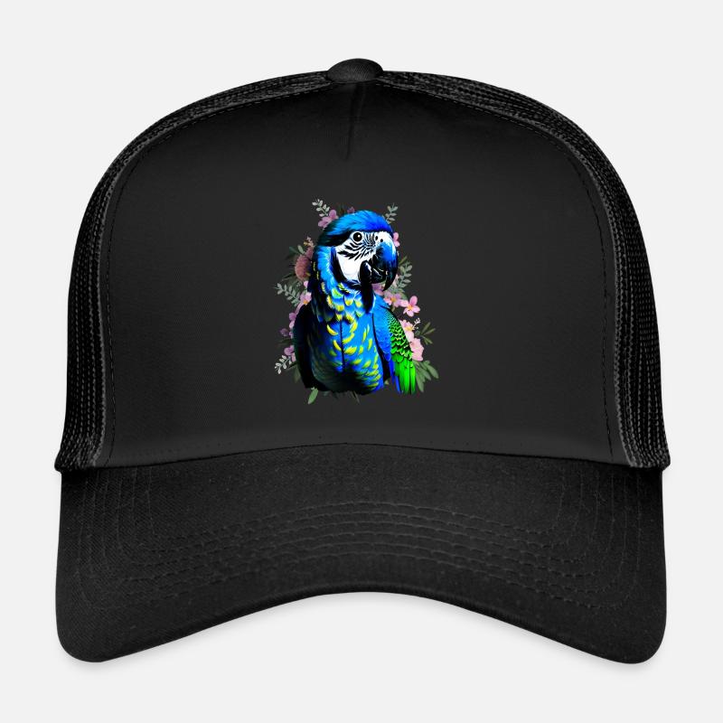 Blauara Papagei auf Blumenhintergrund Trucker Cap