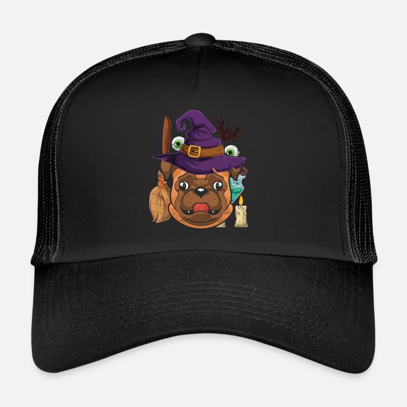Fledermaus Hexenhut Hund Geschenk Halloween Mops - Trucker Cap - Schwarz/Schwarz