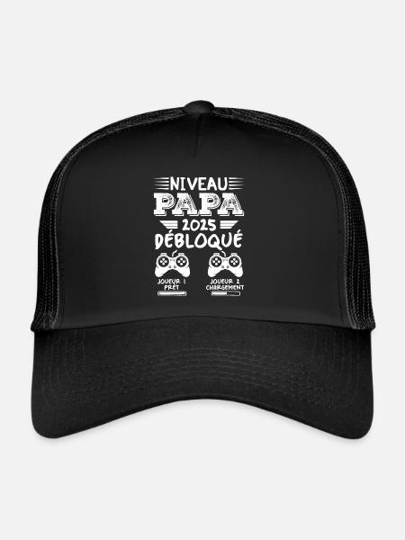 Niveau Papa Débloqué Futur Père 2025 Papa Cadeau - Casquette trucker  - noir/noir - Devant