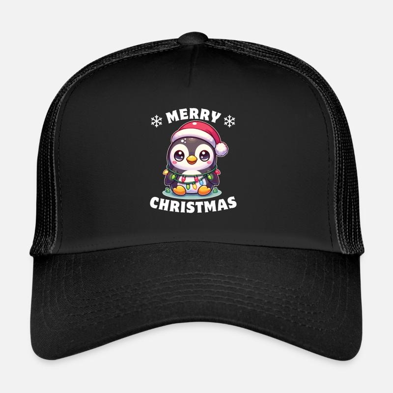 Weihnachtsmütze Weihnachten Lichterkette Pinguin - Trucker Cap - Schwarz/Schwarz