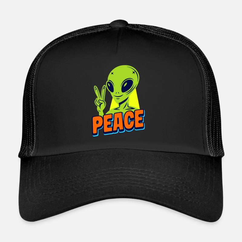 Funny green Alien with Peace sign Space Trucker Cap