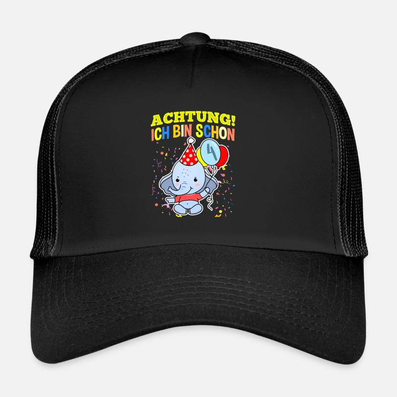 Achtung Ich Bin Schon 4 Geburtstag Elefant - Trucker Cap - Schwarz/Schwarz