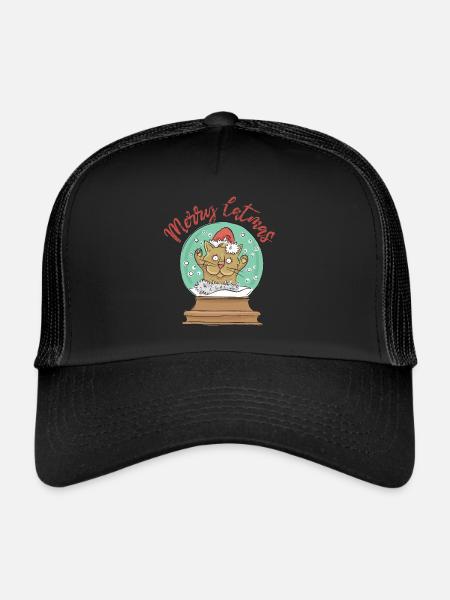 Merry Catmas - Christmas, Cat in Snow Globe - Trucker Cap - black/black - Front