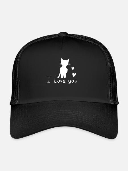 Chat au cœur rose amour animal - Casquette trucker  - noir/noir - Devant