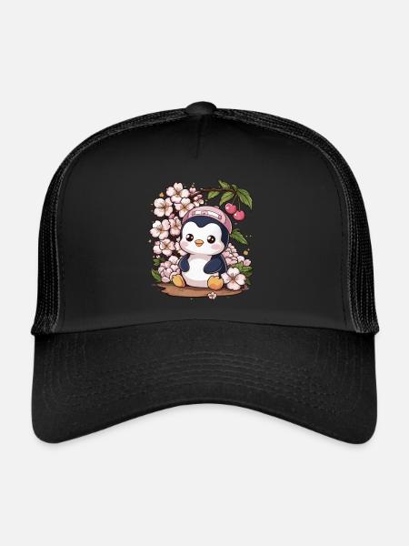 Dessin animé Kawaii Pingouin aux cerises - Casquette trucker  - noir/noir - Devant