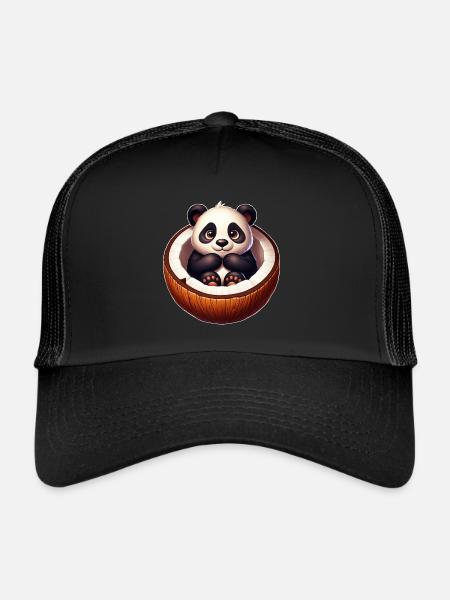 Panda mignon avec des fruits d’été de dessin animé à la noix de - Casquette trucker  - noir/noir - Devant