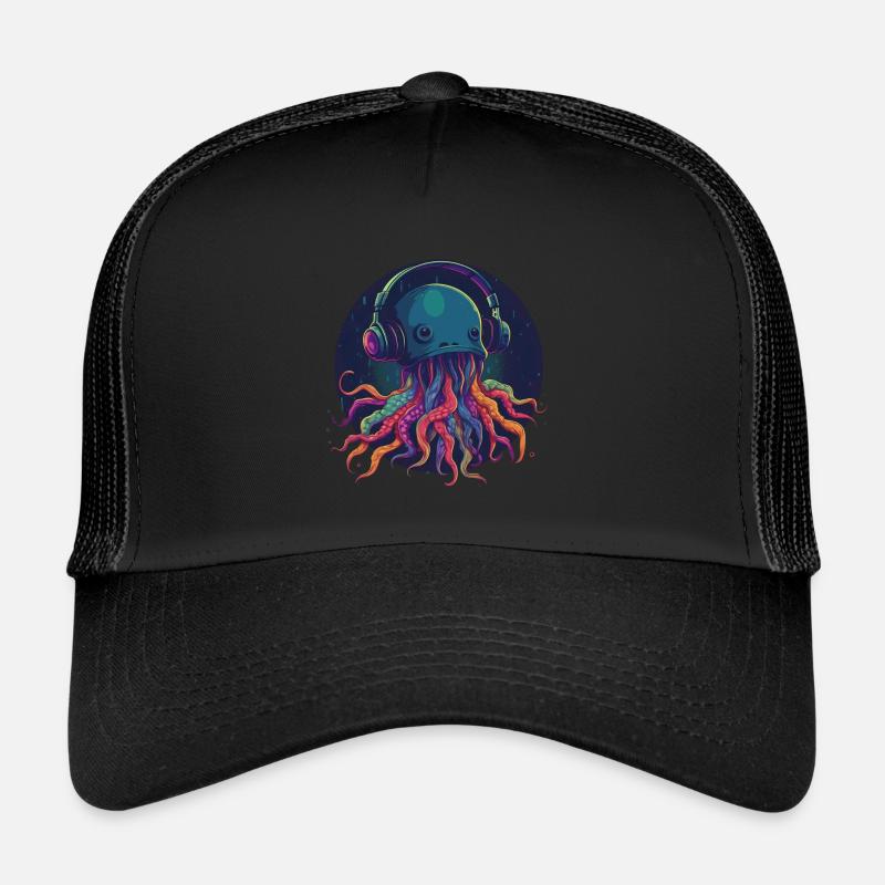 Techno Jellyfish - Coole Qualle mit Kopfhörern - Trucker Cap - Schwarz/Schwarz