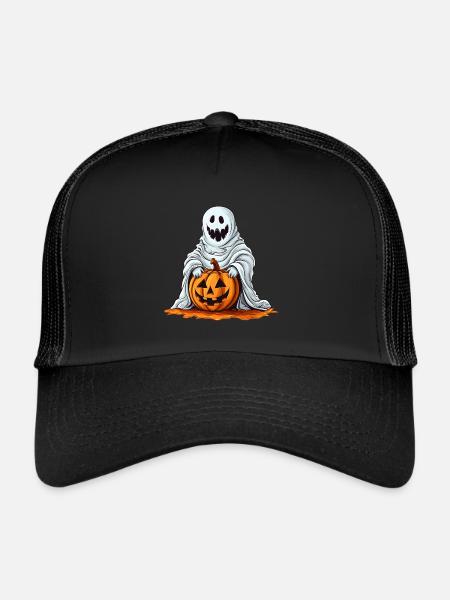 Drôle de citrouille d’Halloween avec un fantôme mignon - Casquette trucker  - noir/noir - Devant