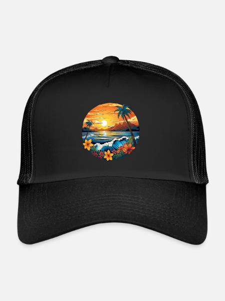 Retro Surfboard Design Floral Palm Trees Ocean - Trucker Cap - black/black - Front